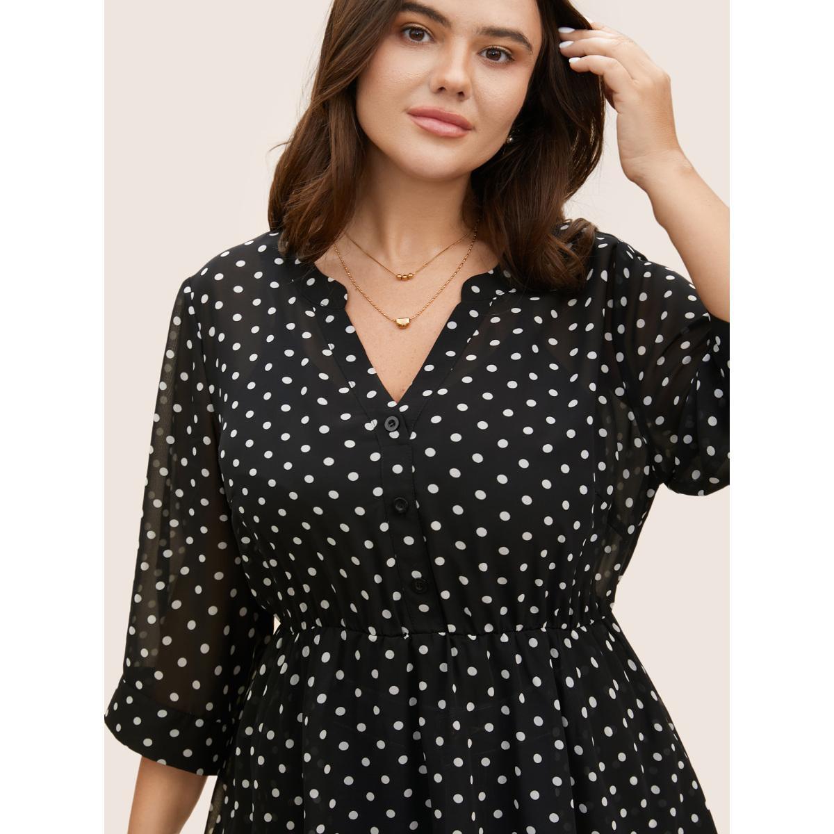 Plus Size Black Chiffon Polka Dot Button Detail Blouse Women Elegant Elbow-length sleeve Flat collar with V-notch Everyday Blouses BloomChic 10/M Product Image