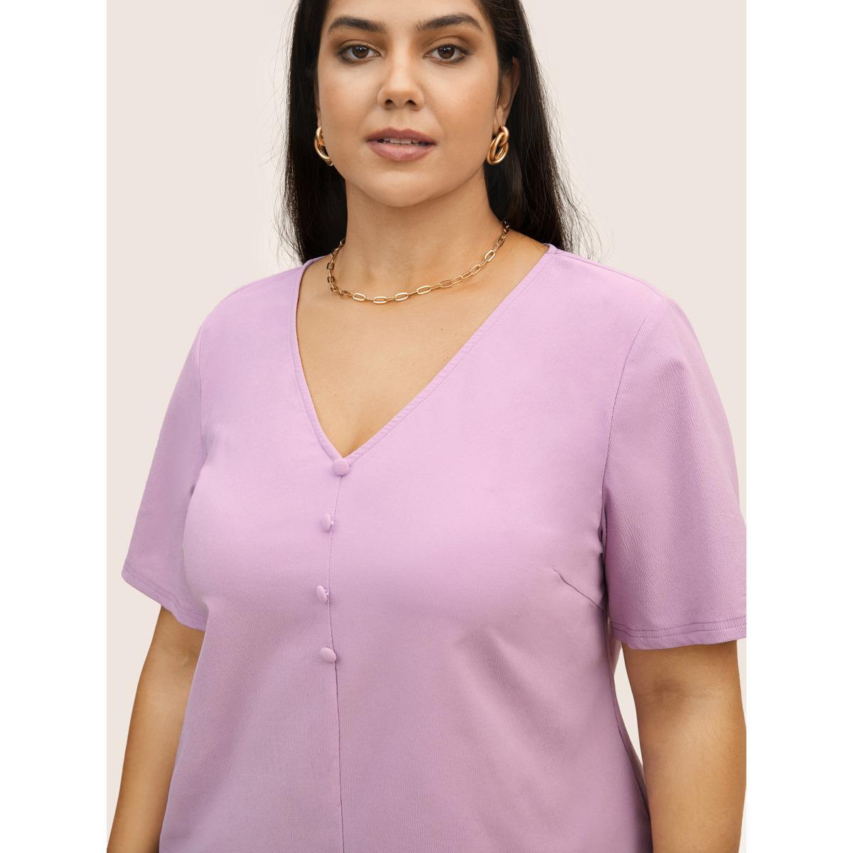 Plus Size Lilac Stretchy Woven Solid Button Detail Blouse Women Work From Home Short sleeve V-neck Work Blouses BloomChic 28/5X Product Image