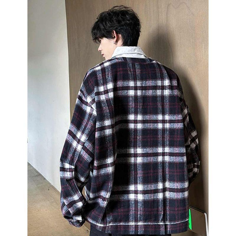 Collared Mock Two-Piece Plaid Sweatshirt Product Image
