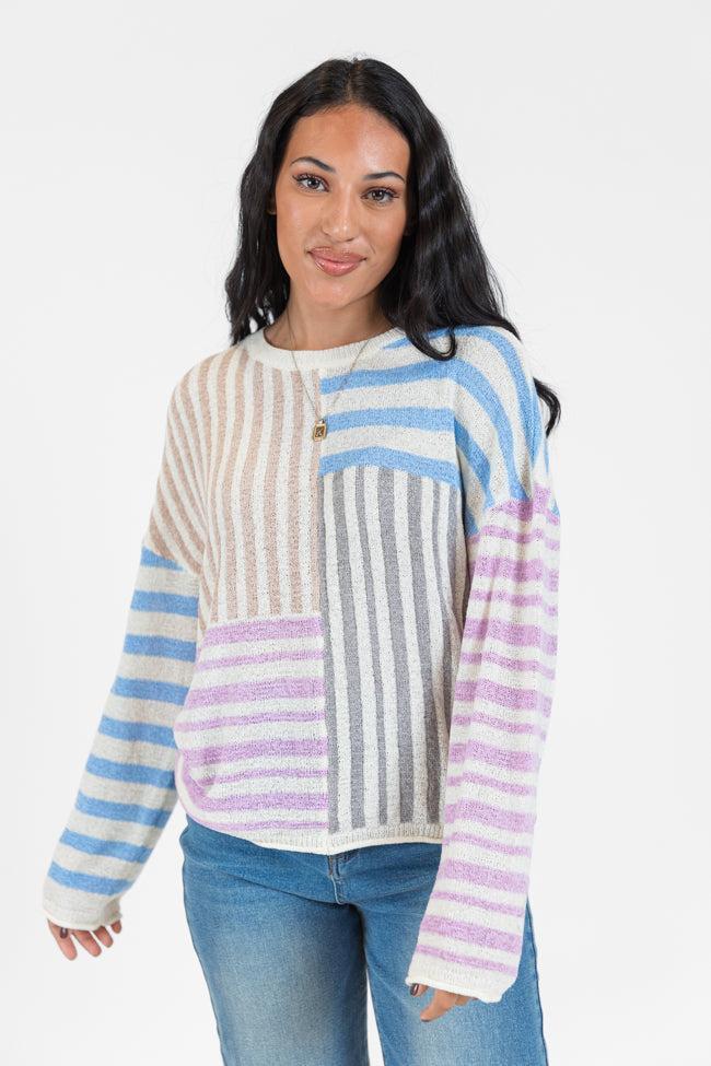 He Loves Me Taupe Multi Stripe Lightweight Sweater Product Image