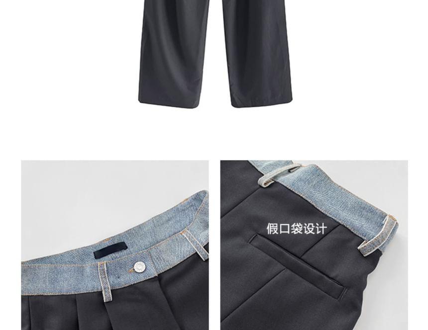 Denim-Waistline Pleated Straight-Cut Loose Dress Pants Product Image