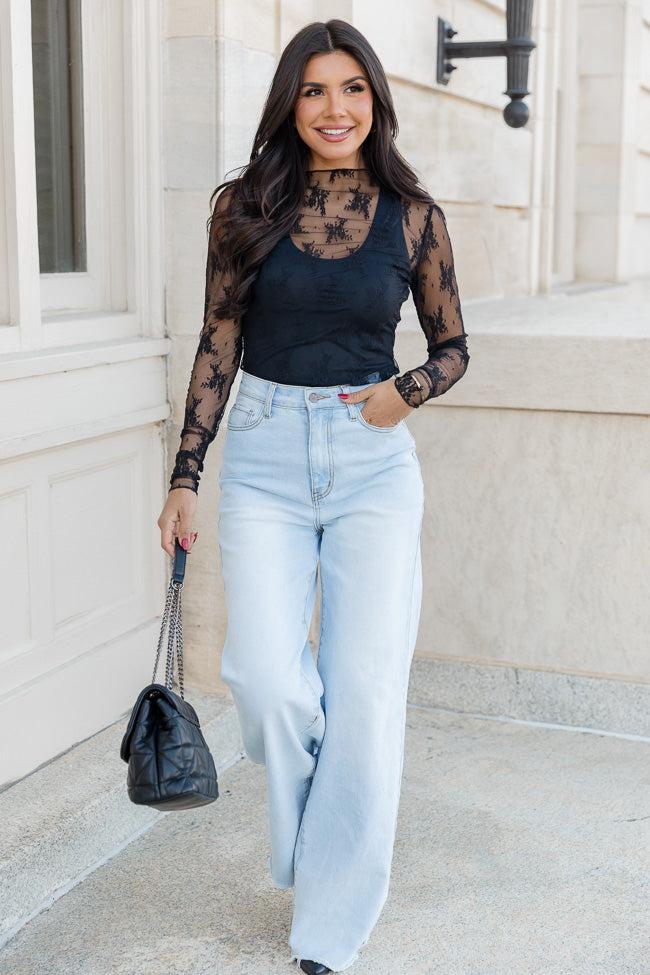 Speak Your Truth Black Mock Neck Lace Layering Blouse SALE Product Image