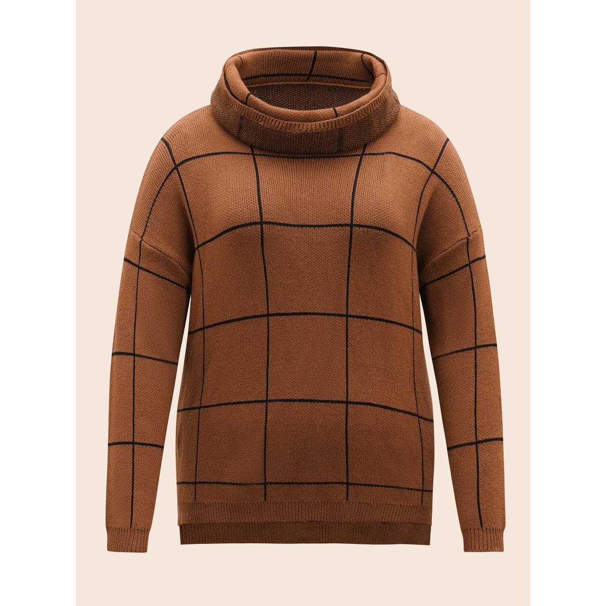 Plus Size Supersoft Essentials Turtleneck Plaid Drop Shoulder Pullover Browncoffeecolor Women Casual Loose Long Sleeve Turtleneck Everyday Pullovers BloomChic 22-24/3X Product Image