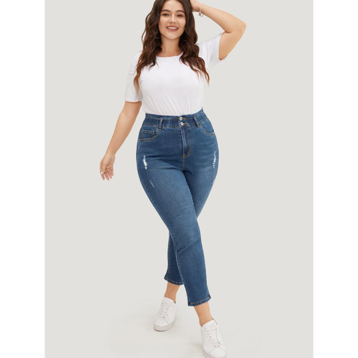 Plus Size Very Stretchy High Rise Medium Wash Ripped Jeans Women Indigo Casual Plain High stretch Pocket Jeans BloomChic 26/4X Product Image