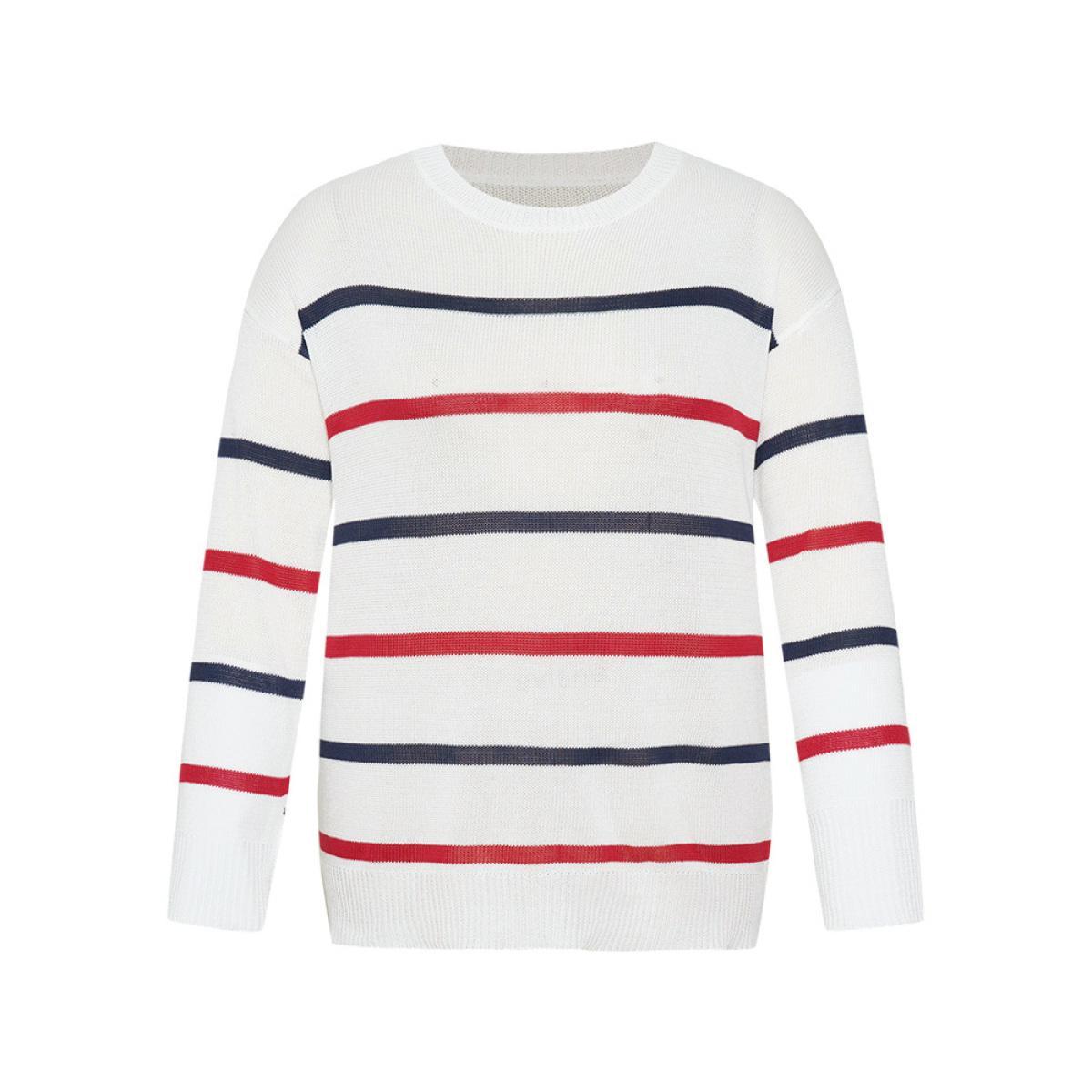 Plus Size Striped Contrast Drop Shoulder Pullover White Women Casual Bodycon Long Sleeve Round Neck Dailywear Pullovers BloomChic 22-24/3X Product Image