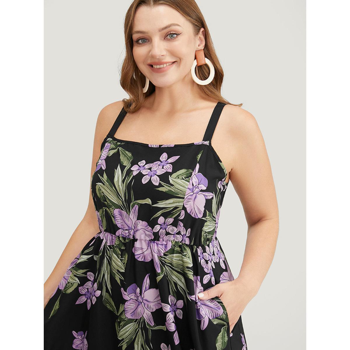 Plus Size Floral Pocket Adjustable Straps Ruffle Hem Cami Dress Black Women Elegant Adjustable Straps Spaghetti Strap Sleeveless Curvy Midi Dress BloomChic 12/L Product Image