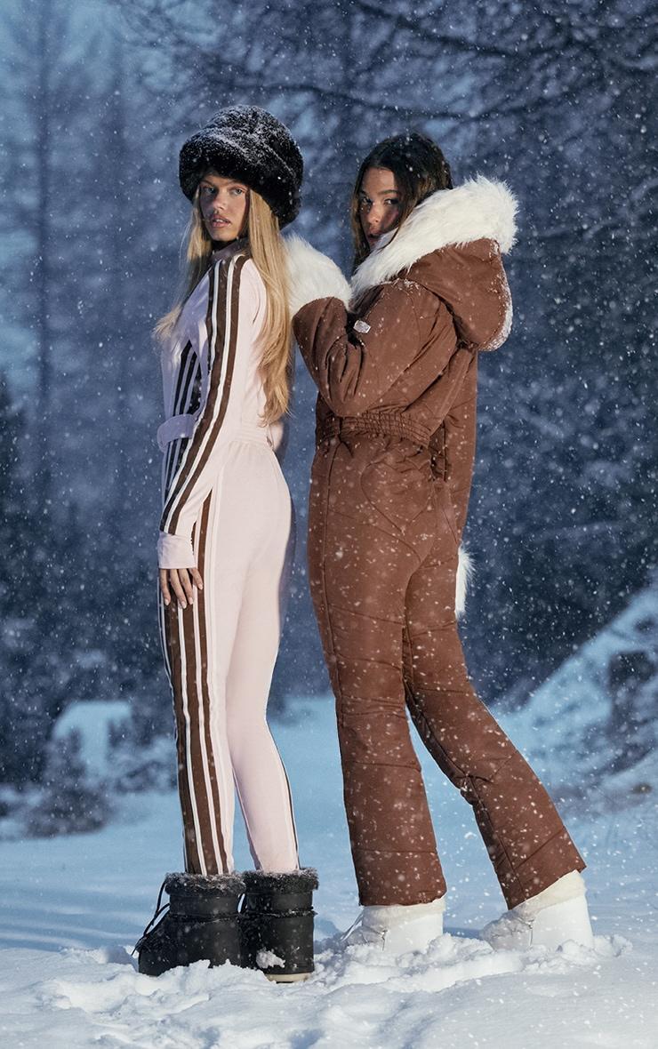 PRETTYLITTLETHING SKI Tobacco Faux Fur Trim Heart Detail Belted Snow Suit Product Image