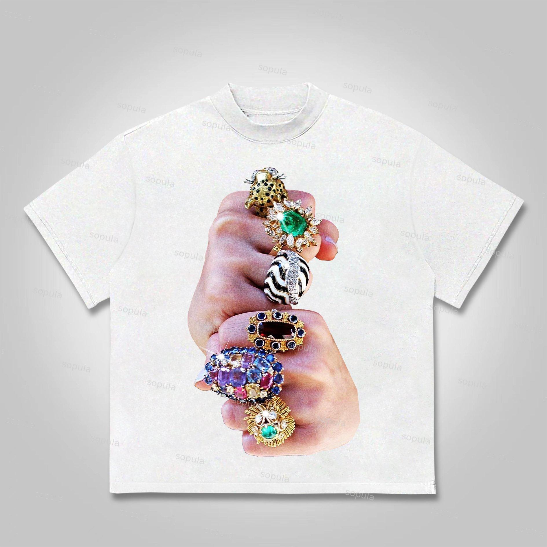 Sopula Finger Graffiti Diamond Ring Print Cotton T-shirt Product Image