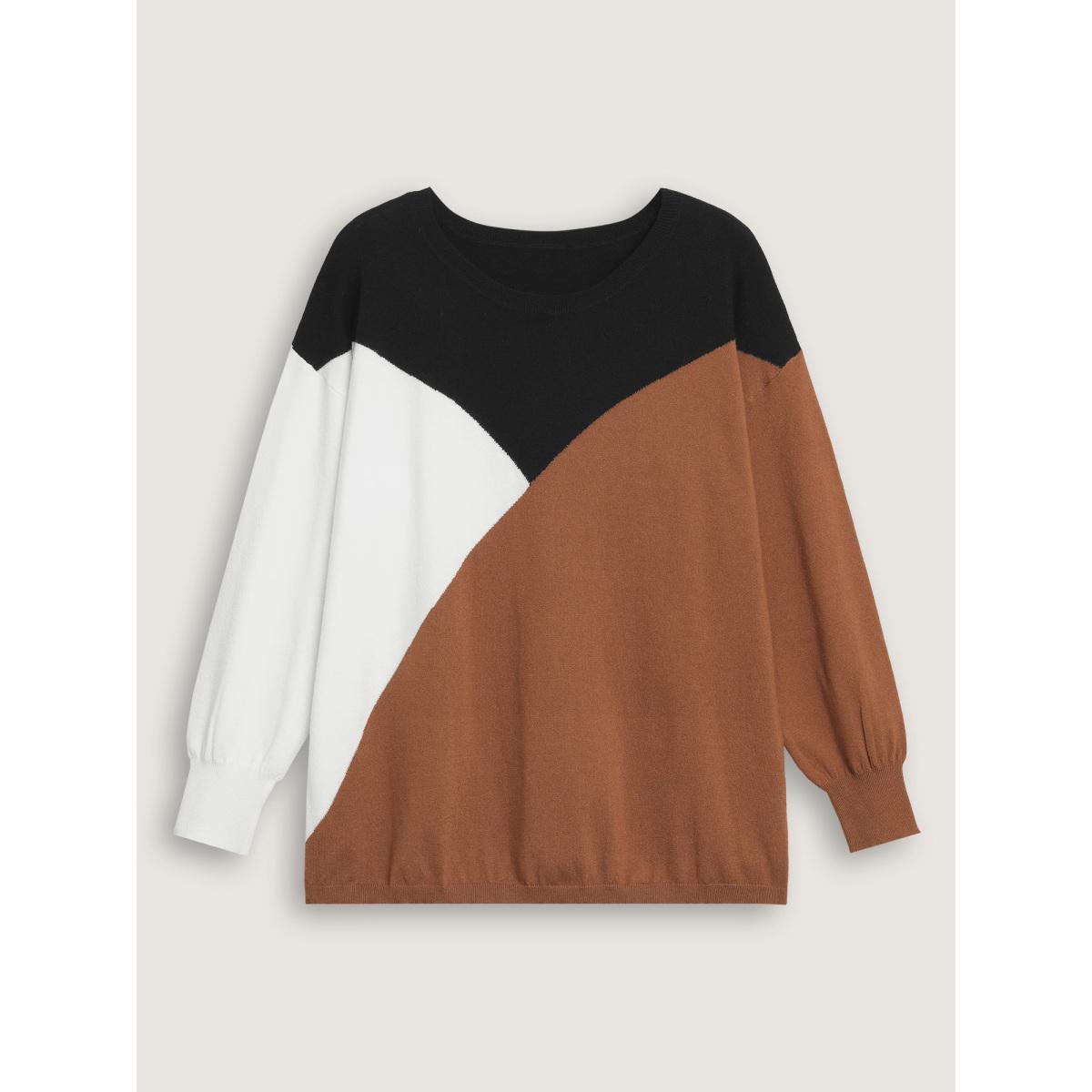 Plus Size Supersoft Essentials Colorblock Contrast Pullover Browncoffeecolor Women Casual Long Sleeve Round Neck Everyday Pullovers BloomChic 30/6X Product Image