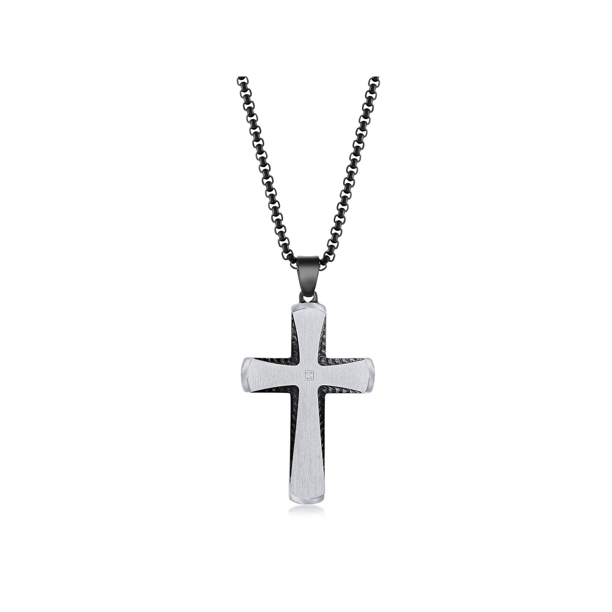 Metallo Stainless Steel Silver & Blue Plated Cross Necklace, Mens Black Product Image