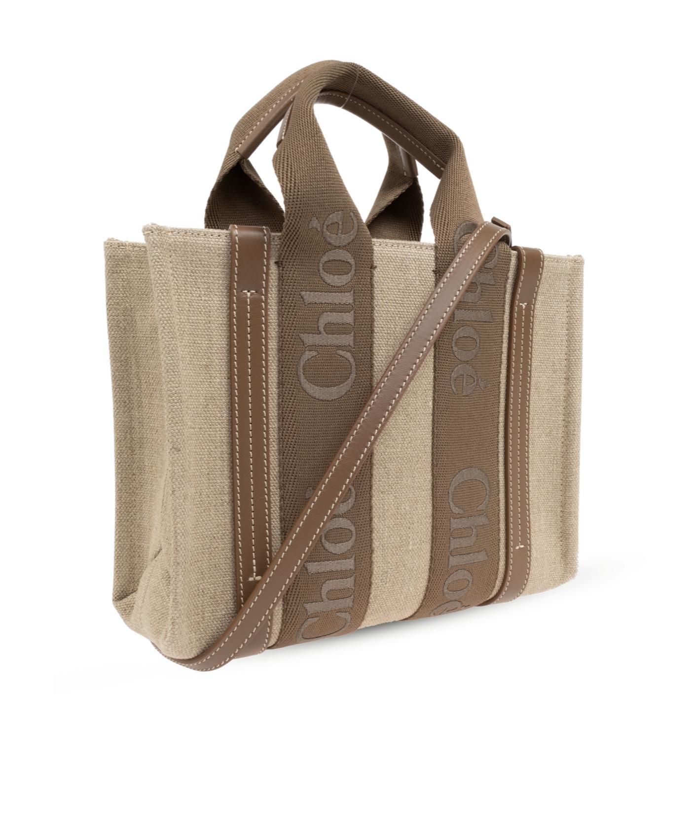 CHLOÉ Small Woody Linen Tote Bag In Beige Product Image