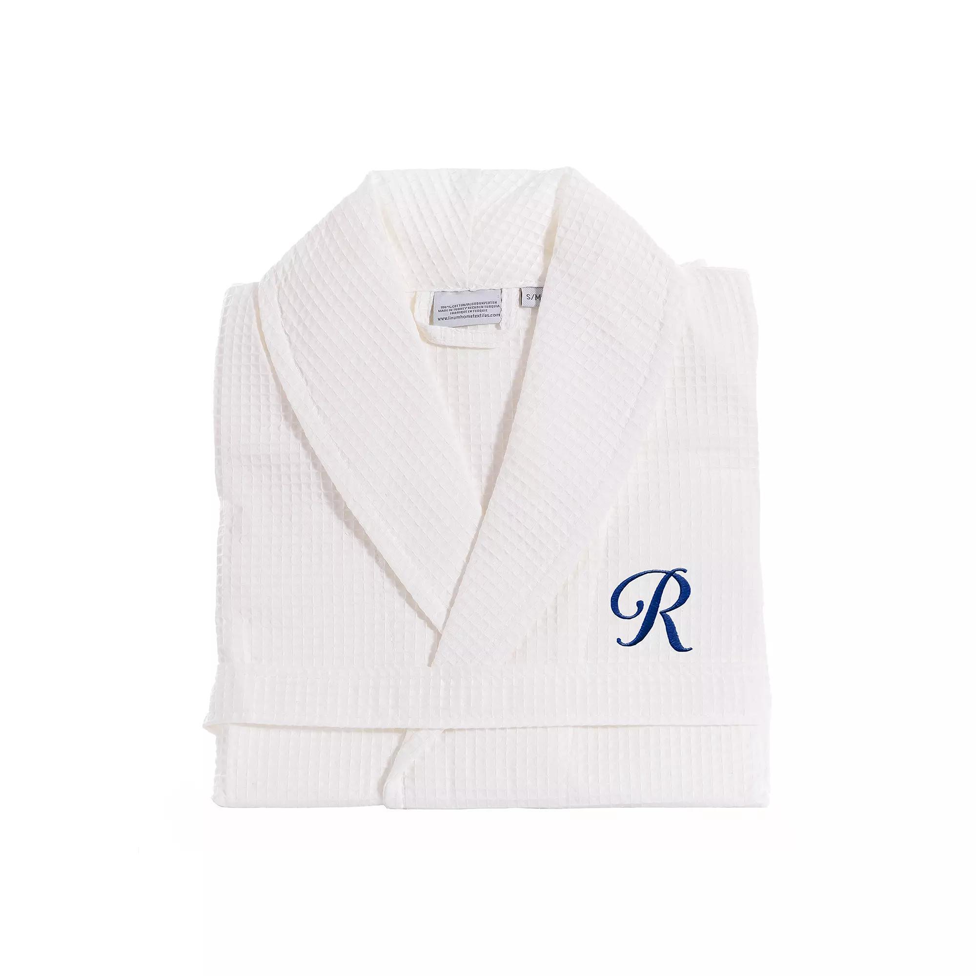 Linum Home Textiles Turkish Cotton Personalized Waffle Weave Bathrobe, Women's, Size: Small/Medium, White Navy D Product Image
