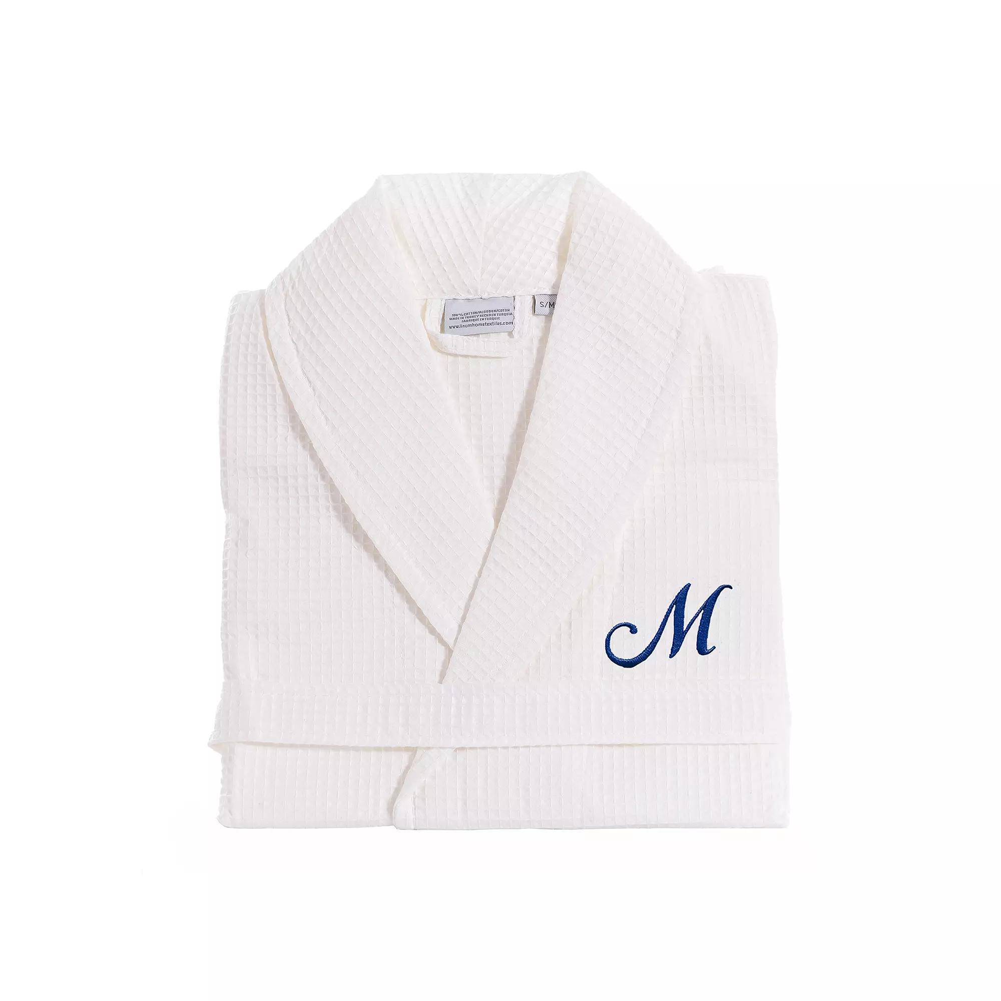 Linum Home Textiles Turkish Cotton Personalized Waffle Weave Bathrobe, Women's, Size: Small/Medium, White Navy D Product Image