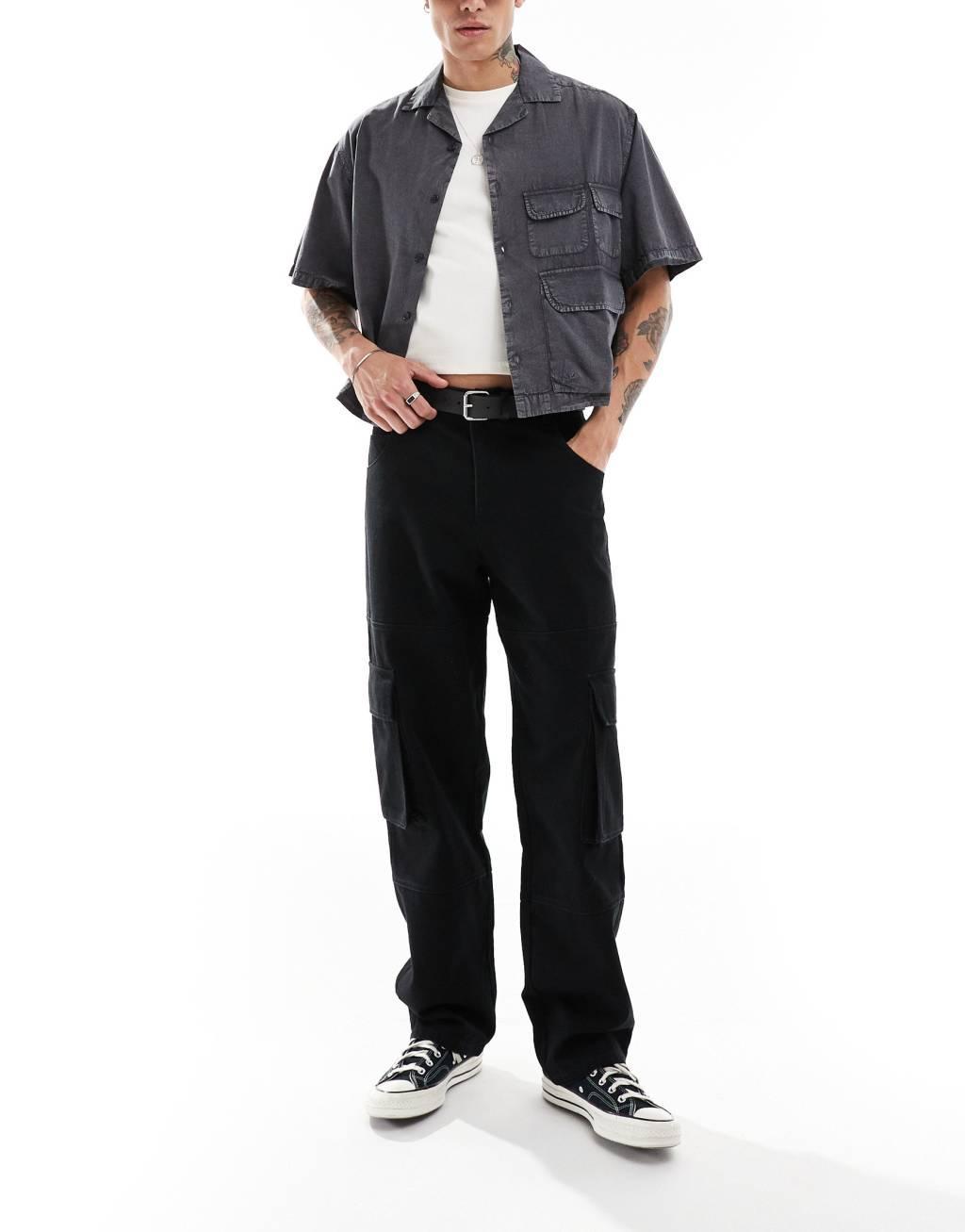 ASOS DESIGN boxy oversized revere collar shirt with utility pockets in black Product Image
