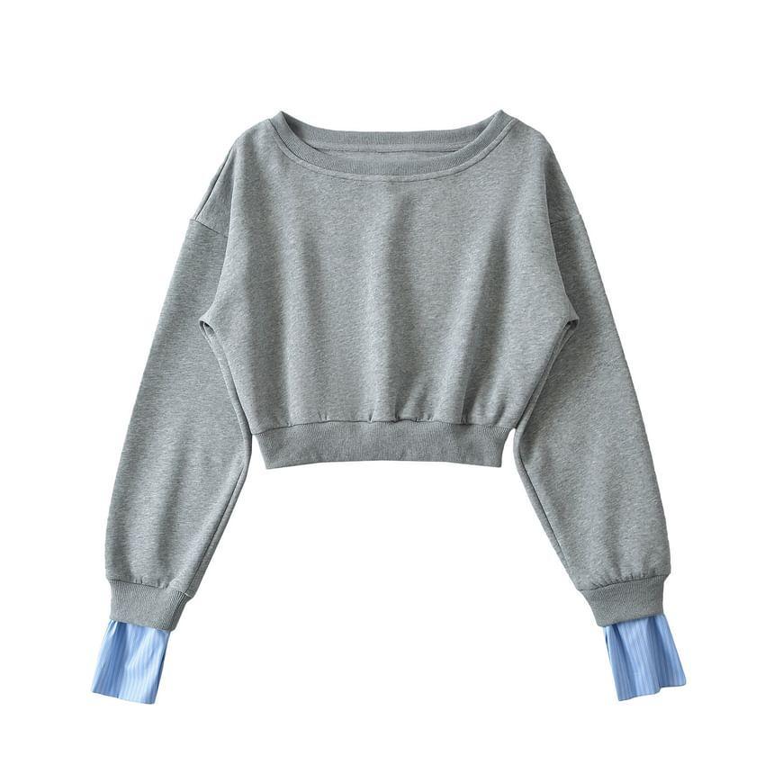 Boat Neck Mock Two-Piece Striped Panel Crop Pullover Product Image