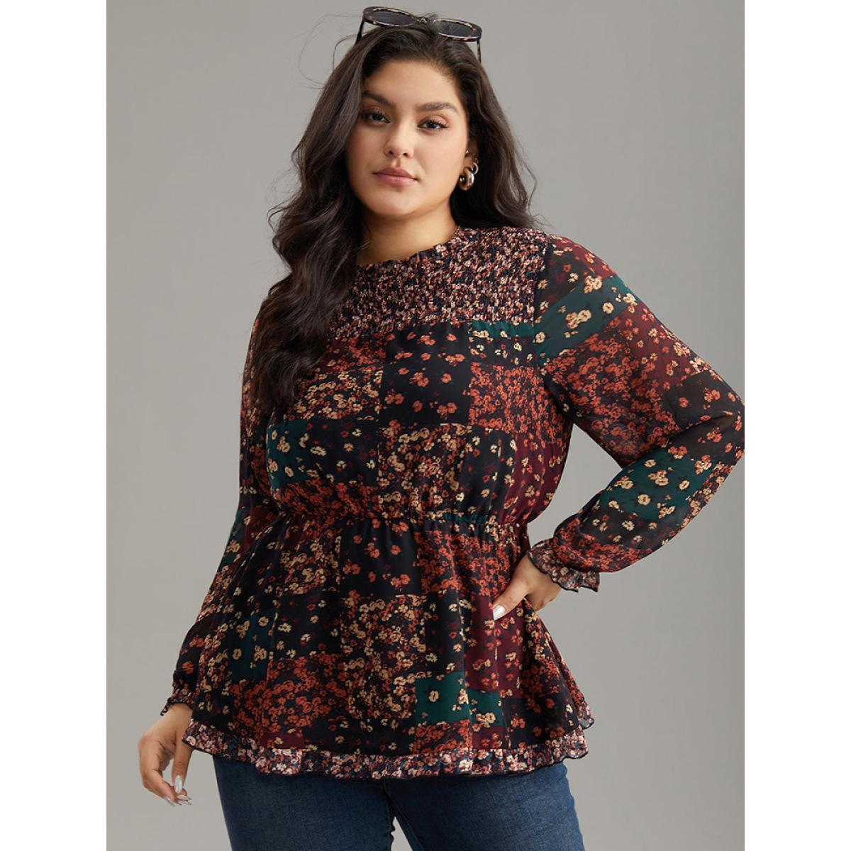 Plus Size BlackFlower Ditsy Floral Shirred Patchwork Frill Trim Gathered Blouse Women Elegant Long Sleeve Stand-up collar Everyday Blouses BloomChic 26/4X Product Image