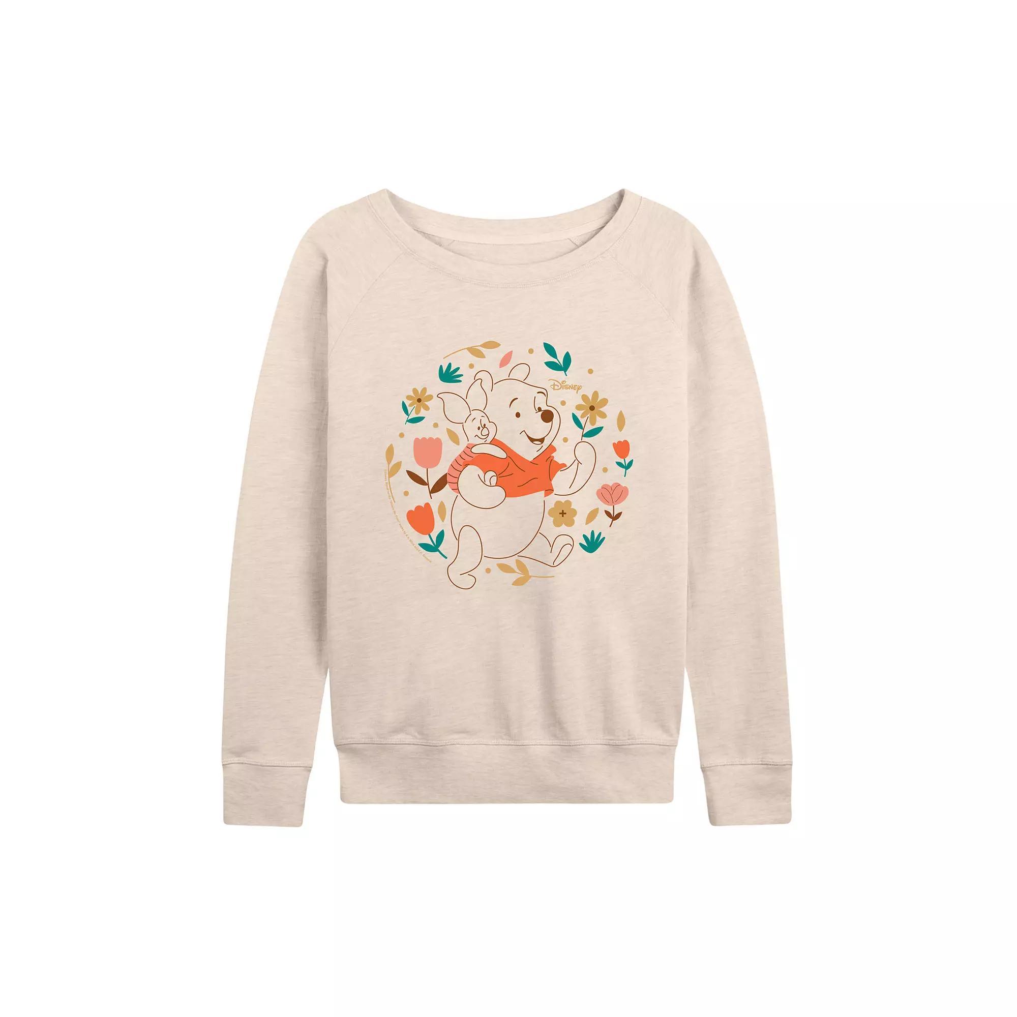 Disneys Winnie the Pooh Piglet & Pooh Womens Flowers French Terry Long Sleeve Tee, Girls Product Image
