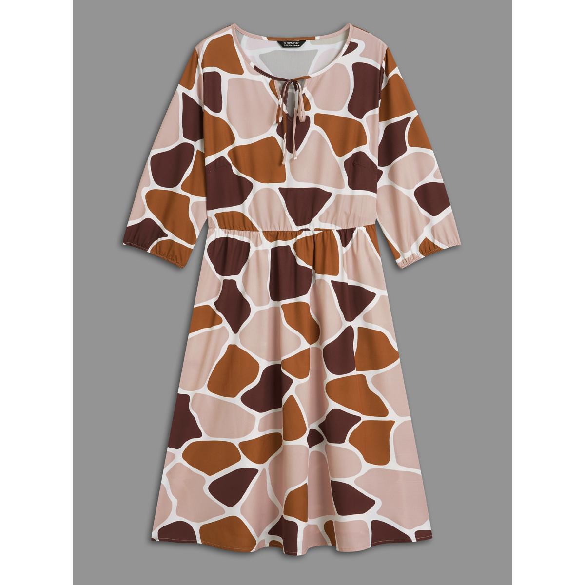 Plus Size Neck-Tie Color Block Waist Cinched Dress Multicolor Women Casual Tie knot V-neck Elbow-length sleeve Curvy BloomChic 22-24/3X Product Image