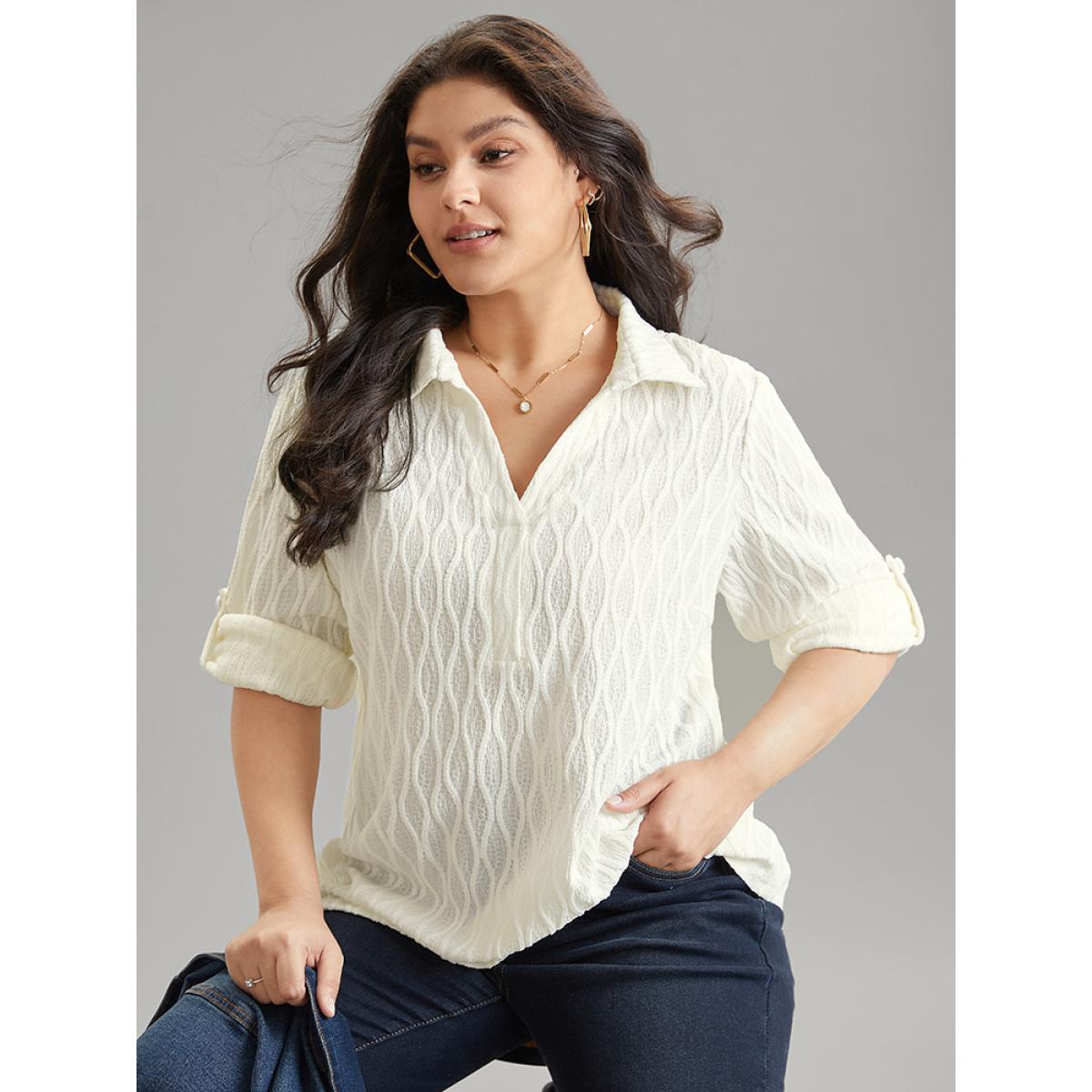 Plus Size Ivory Plain Shirt Collar Tab Sleeve Jacquard Blouse Women Casual Long Sleeve Shirt collar Work Blouses BloomChic 28/5X Product Image