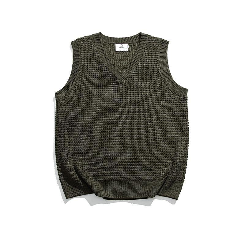 V-Neck Plain Knit Sweater Vest Product Image