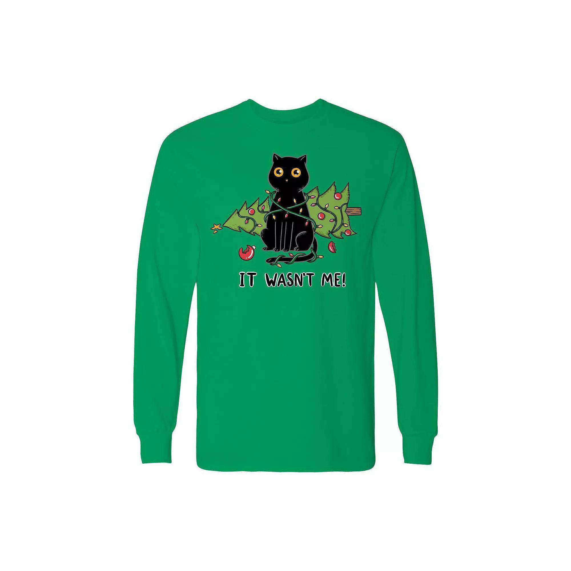 Men's Cat and Christmas Tree Long Sleeve Graphic Tee, Size: Large, Irish Green Product Image