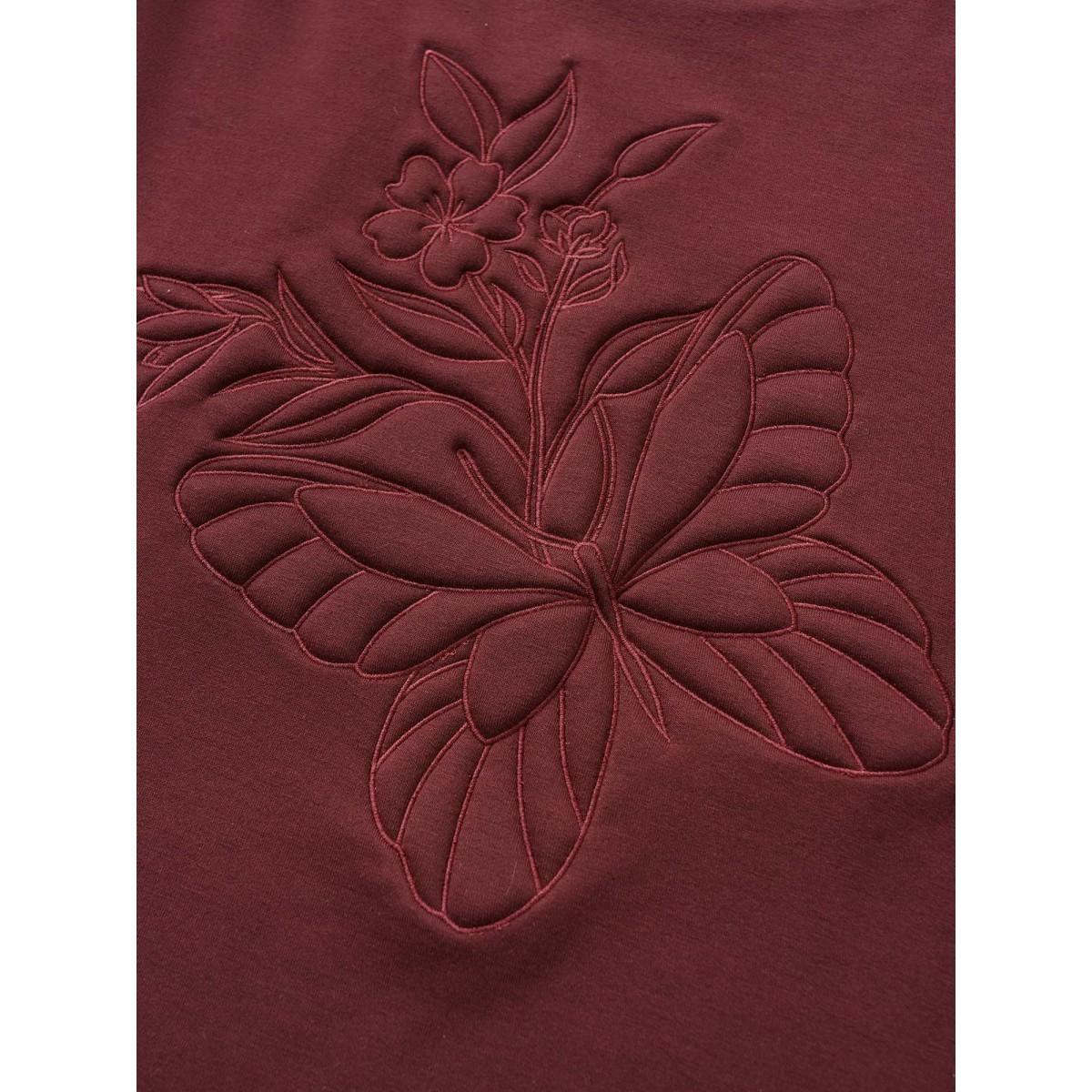 Plus Size Butterfly & Floral Embroidered Crew Neck Sweatshirt Women Burgundy Casual Non Round Neck Everyday Sweatshirts BloomChic 14-16/1X Product Image
