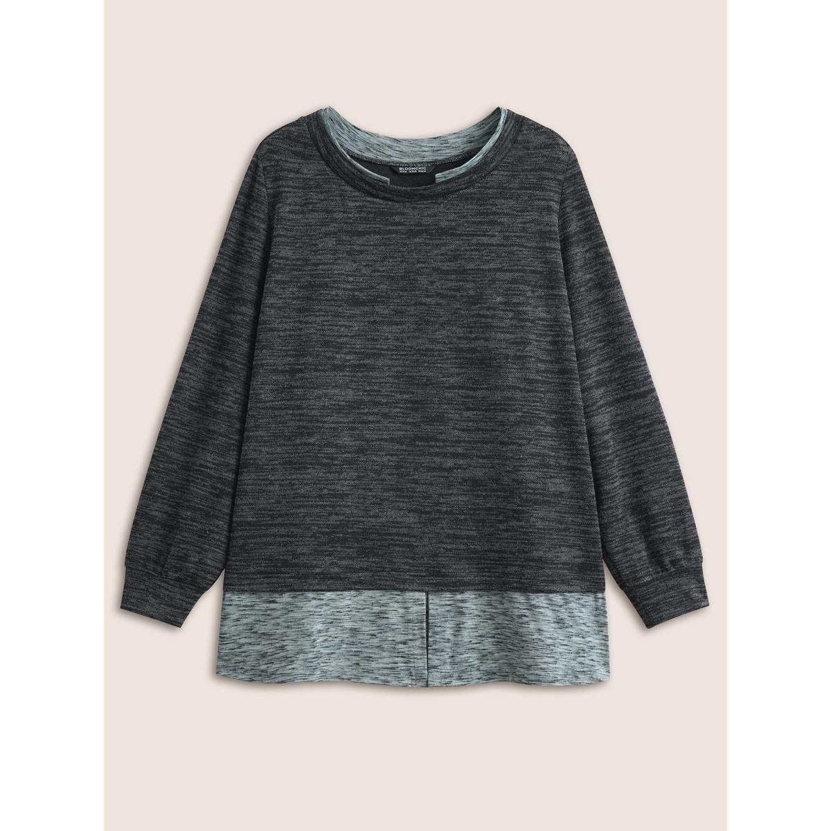 Plus Size 2-In-1 Heather Patchwork Sweatshirt Women Black Casual Contrast Round Neck Everyday Sweatshirts BloomChic 22-24/3X Product Image