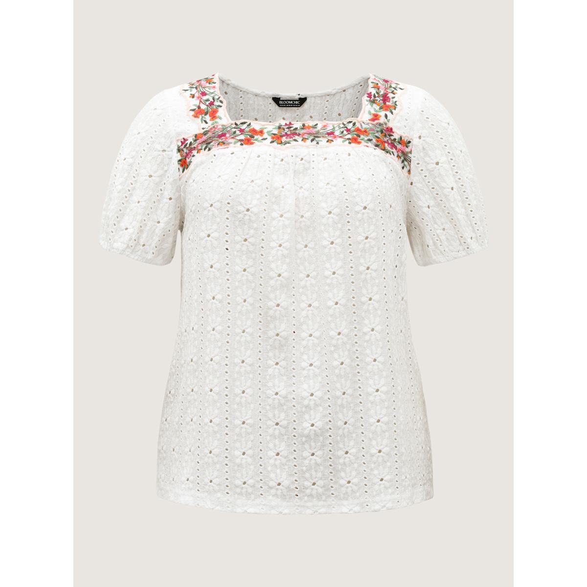 Plus Size Eyelet Trim Floral Embroidered Solid T-Shirt Opticwhite Women Woven ribbon&lace trim Square Neck Everyday-Elegant T-shirts BloomChic 14-16/1X Product Image