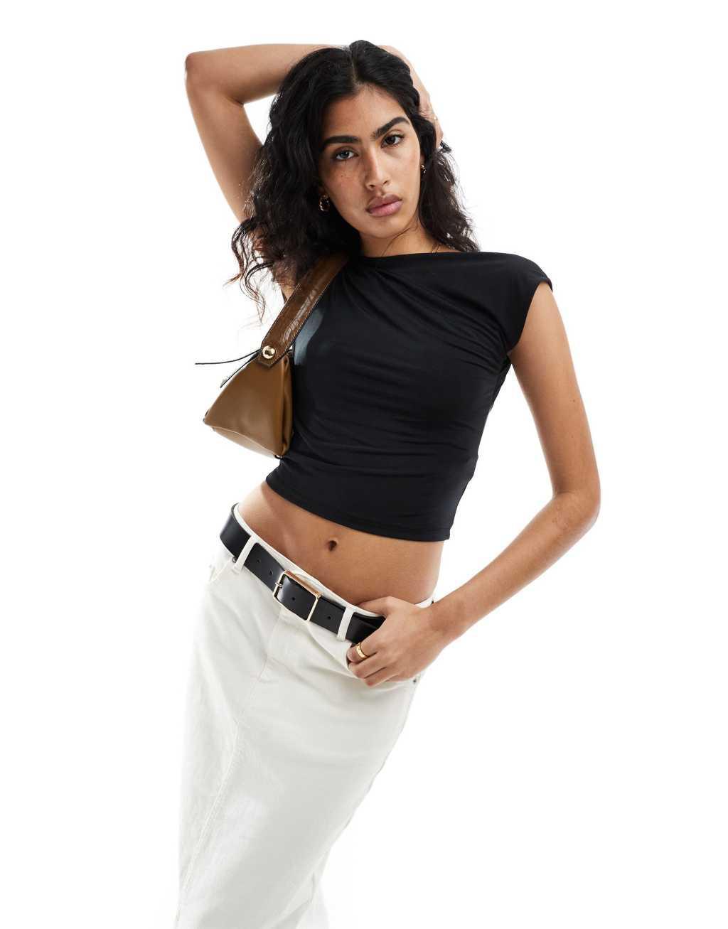Stradivarius cap sleeve tee with open back in black Product Image