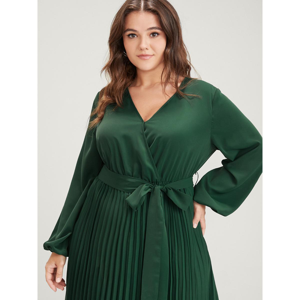 Plus Size Solid Lantern Sleeve Belted Pleated Wrap Dress DarkGreen Women Elegant Plain V-neck Long Sleeve Curvy Midi Dress BloomChic 18-20/2X Product Image