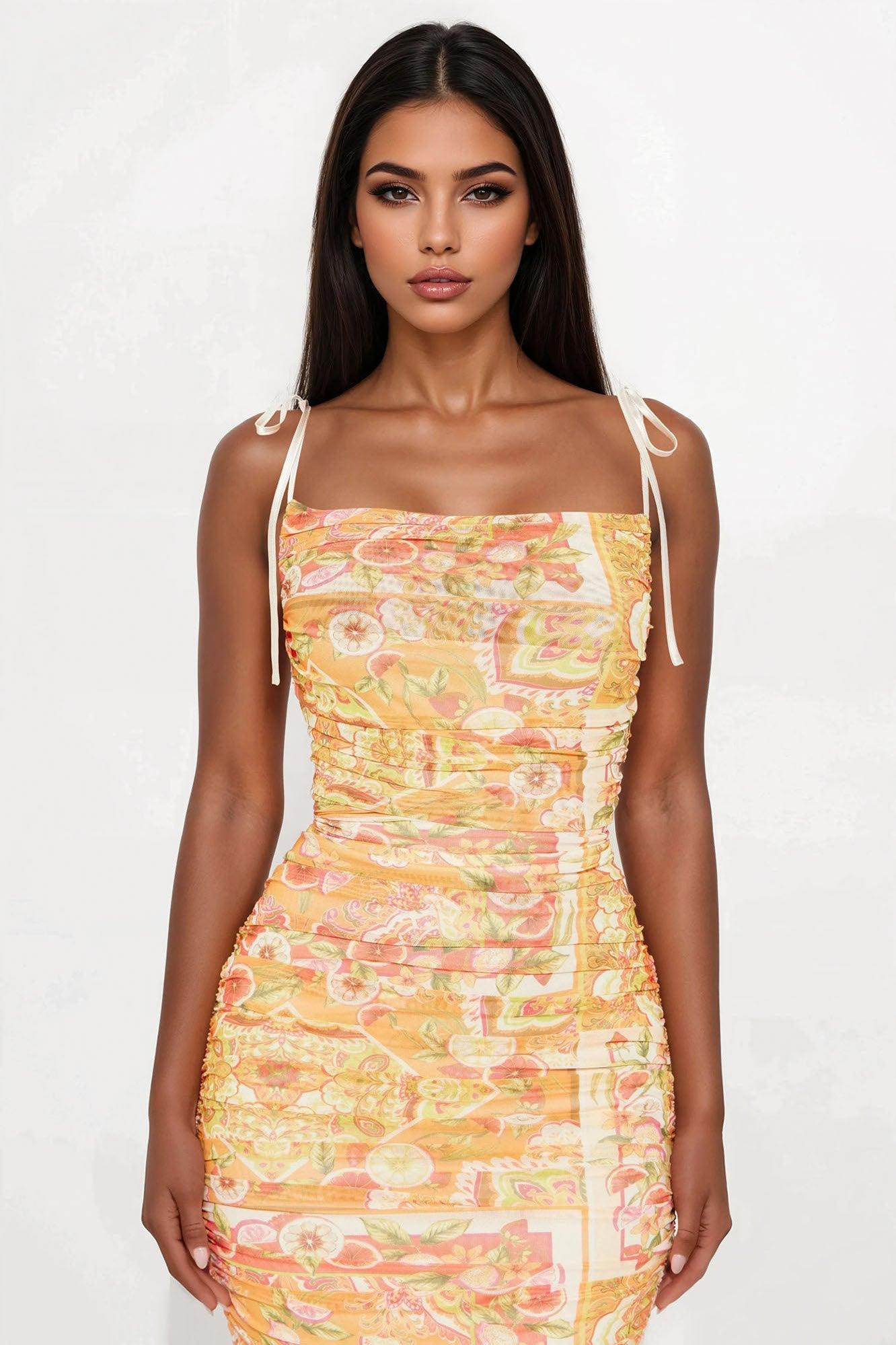 Citrus Bliss Fruit Print Mesh Midi Dress - Orange/combo Product Image
