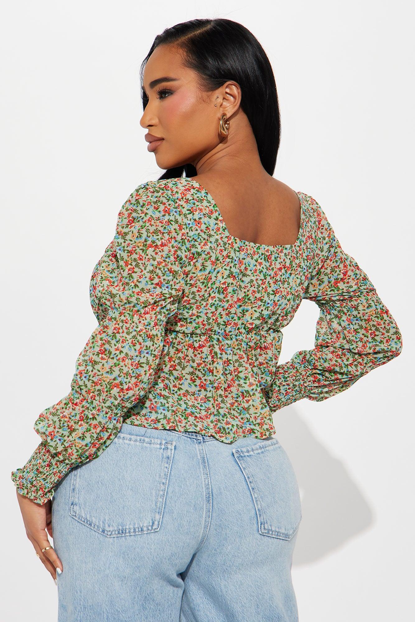 In The Garden Chiffon Floral Blouse - Green/combo Product Image