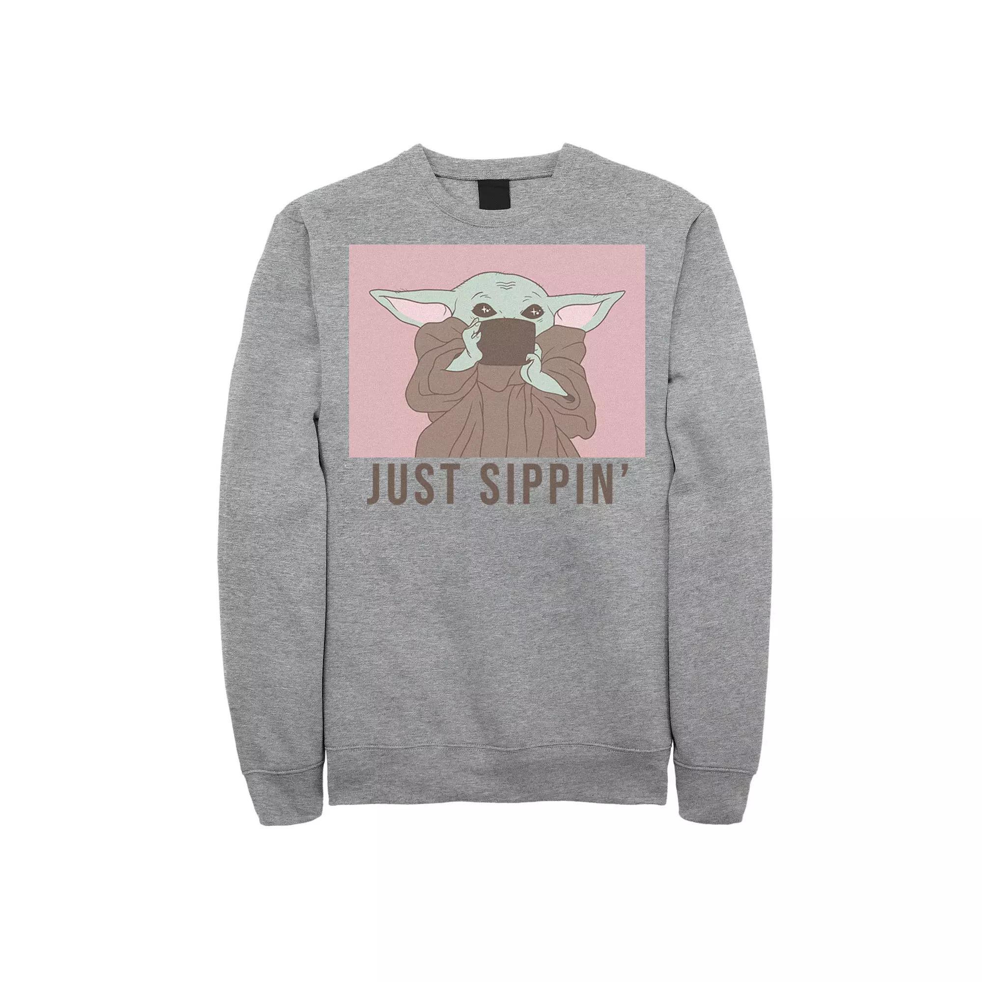 Mens The Mandalorian The Child Aka Baby Yoda Just Sippin Sweatshirt Athletic Grey Product Image