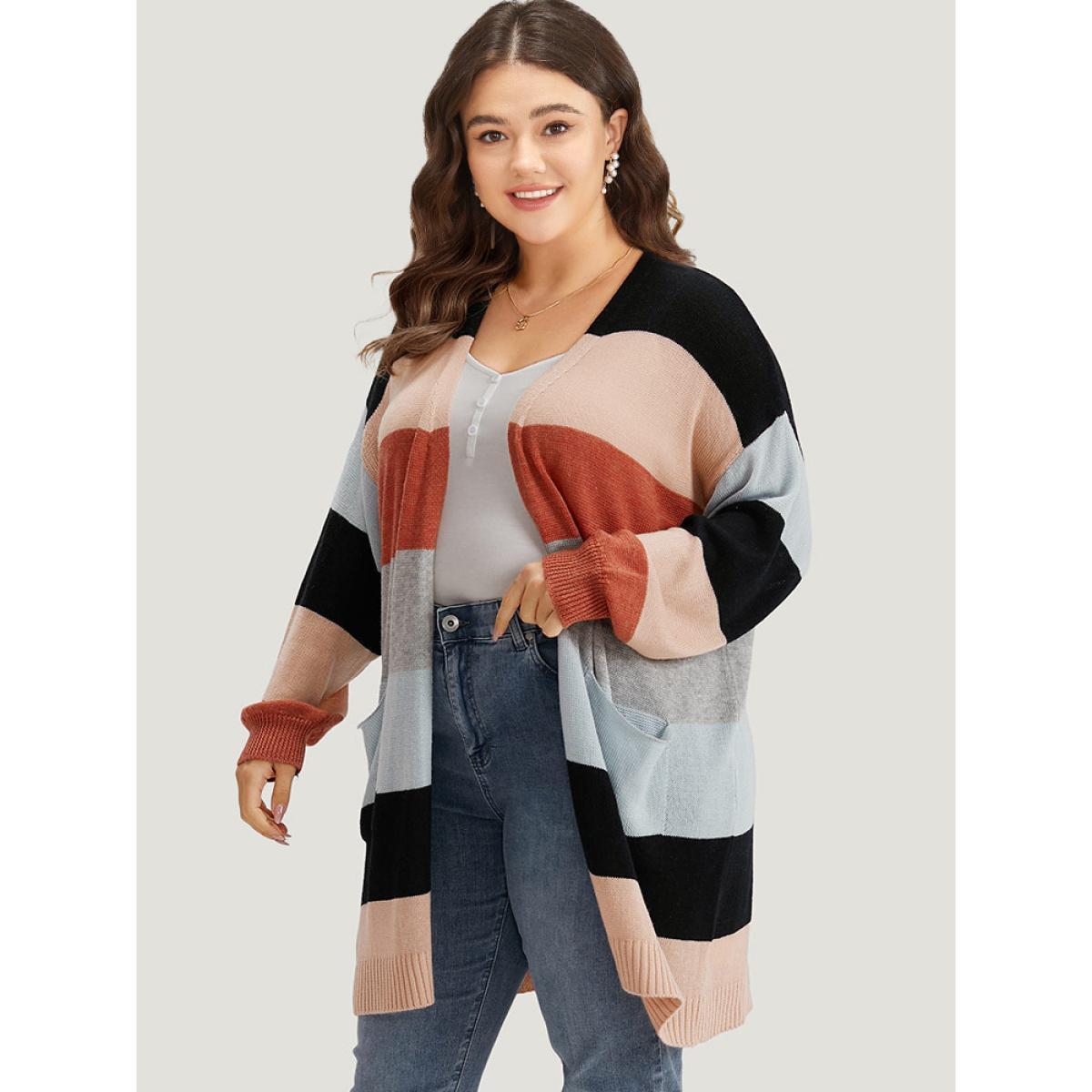 Plus Size Supersoft Essentials Colorblock Patched Pocket Tunic Cardigan Multicolor Women Casual Loose Long Sleeve Dailywear Cardigans BloomChic 22-24/3X Product Image