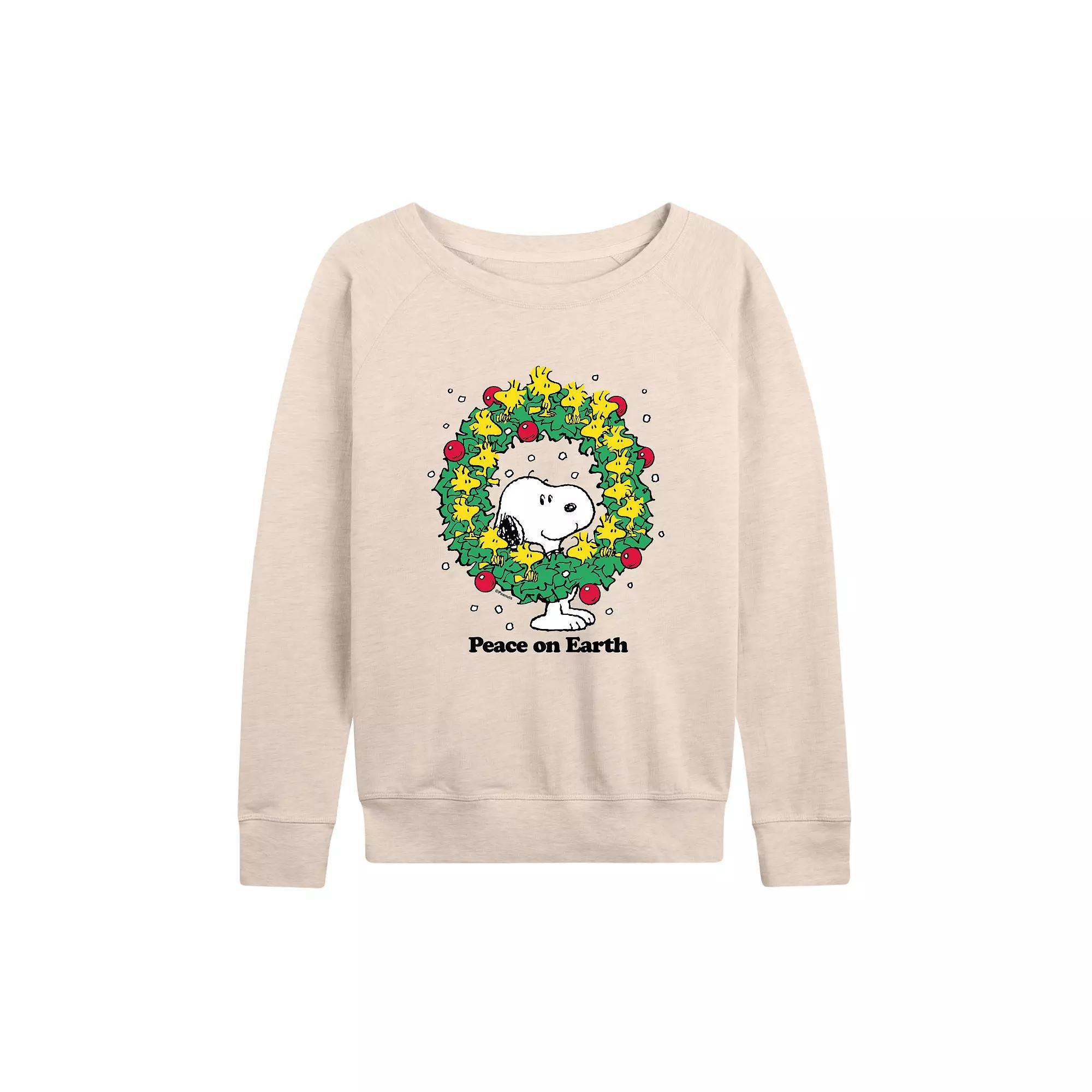 Women's Peanuts Peace On Earth French Terry Long Sleeve Tee, Size: Small, Beige Product Image