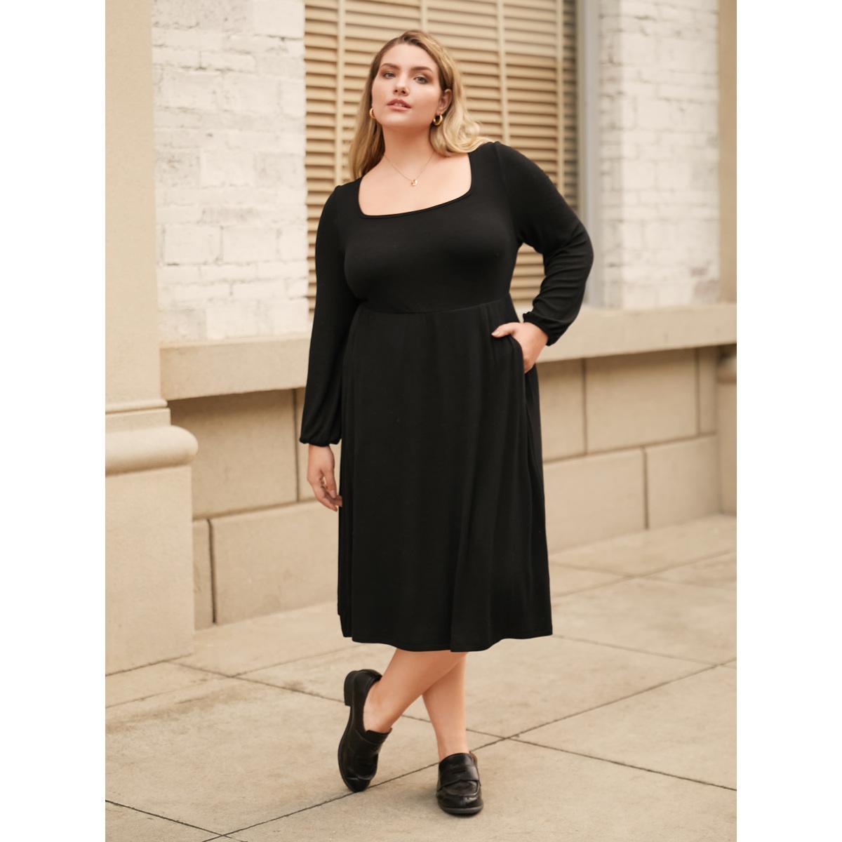 Plus Size Supersoft Essentials Elastic Waist Midi Dress Black Women Basics Texture Square Neck Long Sleeve Curvy BloomChic 10/M Product Image