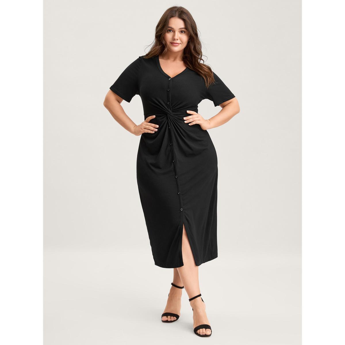 Plus Size Twist Front Button Slit Midi Dress Black Women V-neck Short sleeve Curvy BloomChic 14-16/1X Product Image
