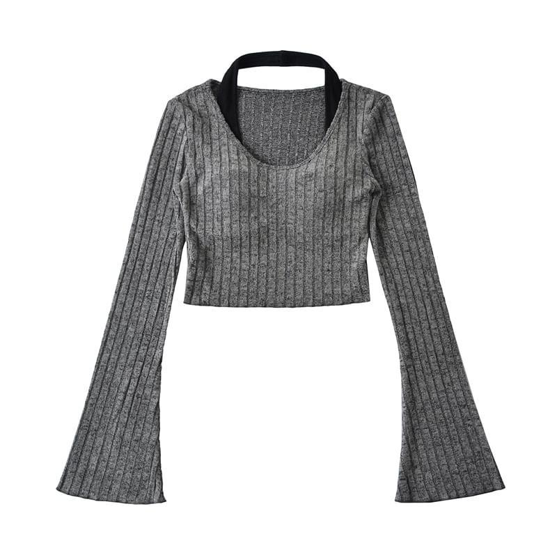 Long-Sleeve Halter Neck Ribbed Knit Cropped Top Product Image