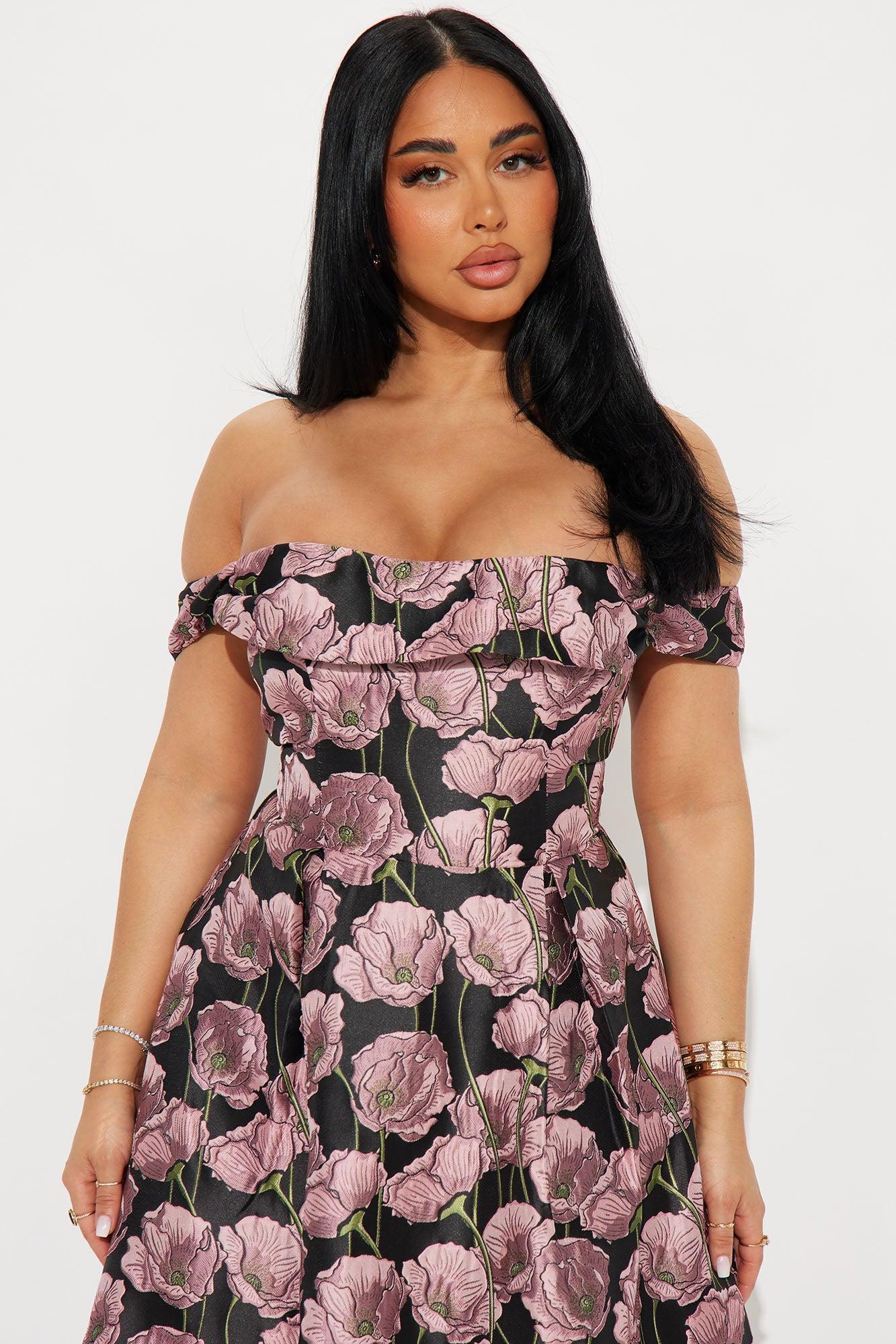Beautiful Bloom Jacquard Midi Dress - Black/Pink Product Image