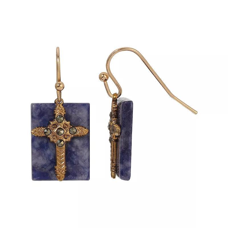 Symbols of Faith Gold Tone Semi-Precious Cross Drop Earrings, Womens, Black Product Image