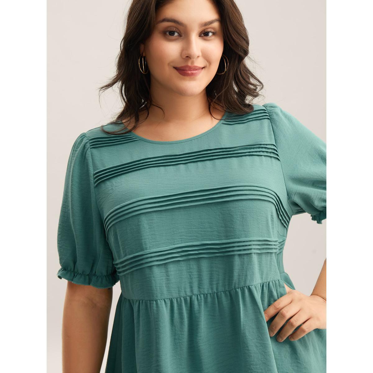 Plus Size Teal Pleated Bodice Puff Sleeve Plain Top Women Short sleeve Round Neck Everyday-Casual Blouses BloomChic 12/L Product Image