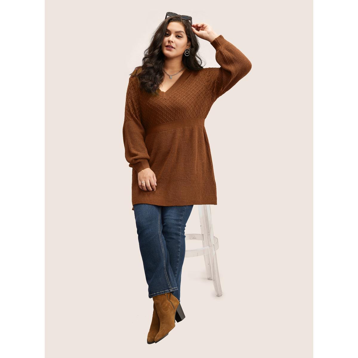 Plus Size Plain Plisse Lantern Sleeve A Line Pullover Chocolate Women Elegant Long Sleeve V-neck Everyday Pullovers BloomChic 14-16/1X Product Image