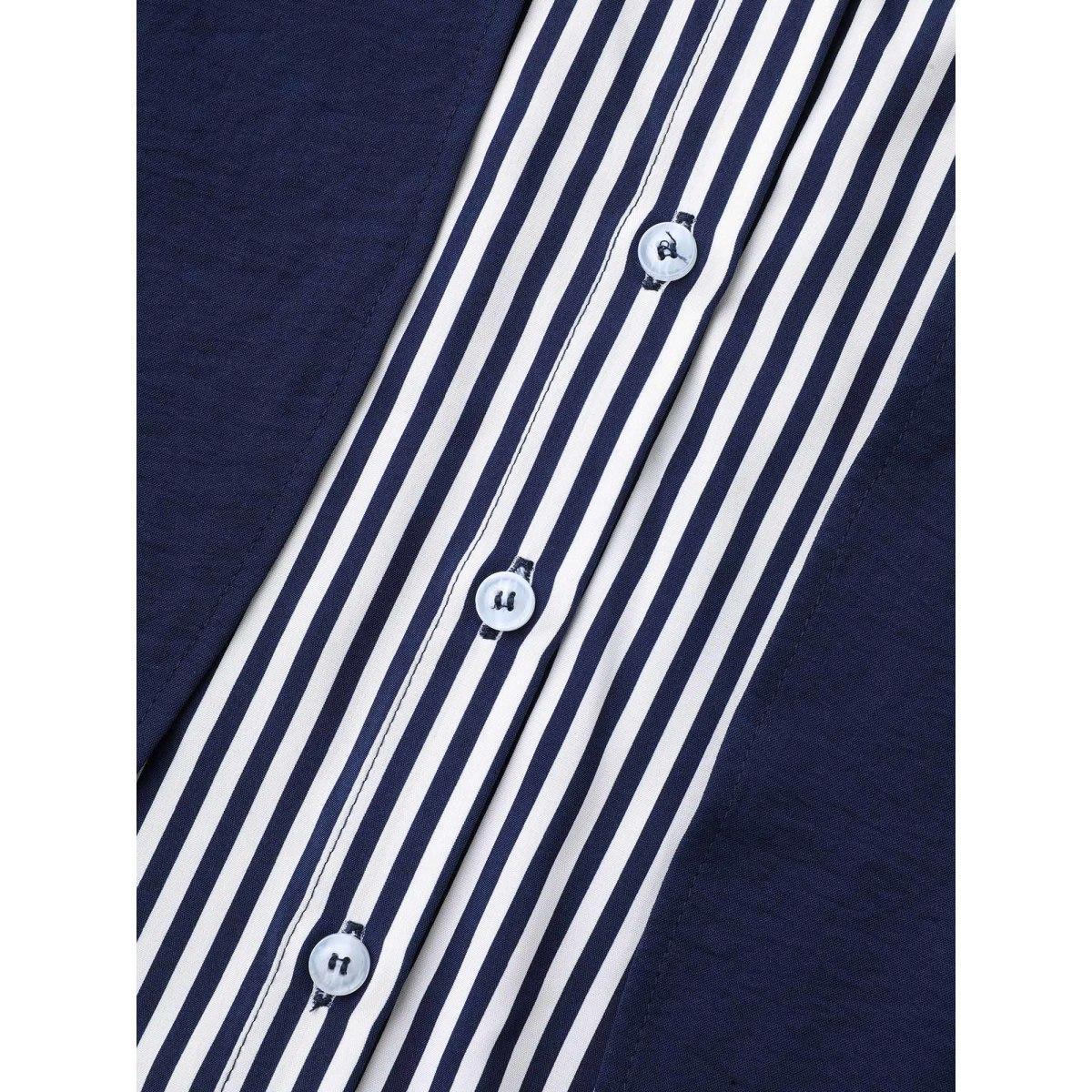 Plus Size Indigo Shirt Collar Patchwork Striped Blouse Women At the Office Extra Long Sleeve Square Neck Work Blouses BloomChic 28/5X Product Image