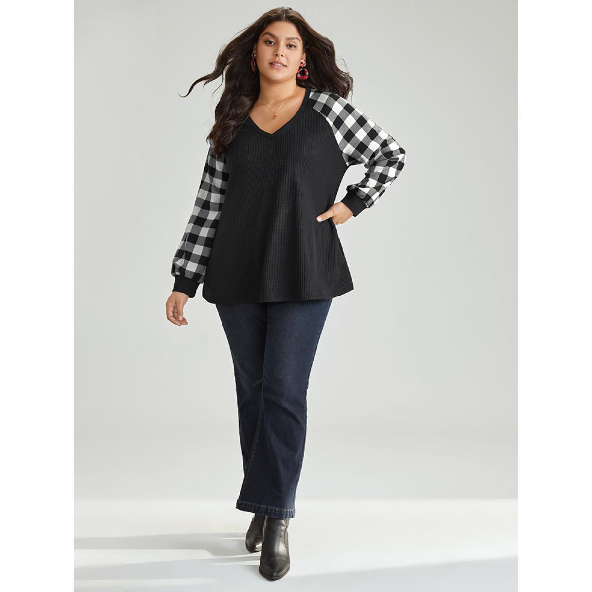 Plus Size Waffle Knit Plaid Patchwork Raglan Sleeve T-shirt BlackFlower Women Casual Waffle Knit Plaid V-neck Festival-Christmas T-shirts BloomChic 14-16/1X Product Image
