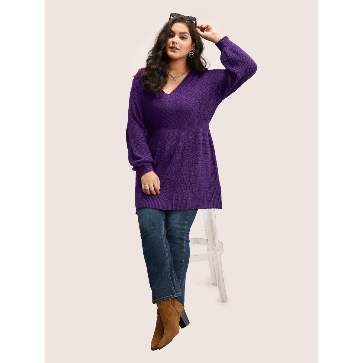 Plus Size Plain Plisse Lantern Sleeve A Line Pullover Eggplant Women Elegant Long Sleeve V-neck Everyday Pullovers BloomChic 10/M Product Image
