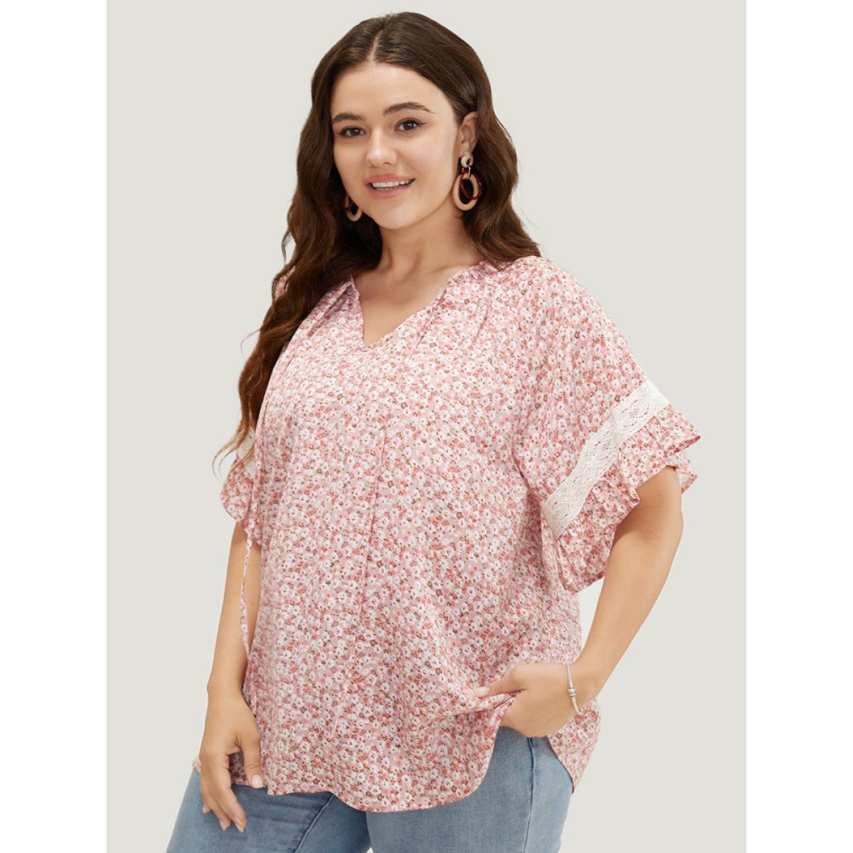 Plus Size Crepe Ditsy Floral Frill Trim Lace Ruffle Sleeve Tie Neck Blouse Women Elegant Short sleeve Tie Neck Dailywear Blouses BloomChic 12/L Product Image