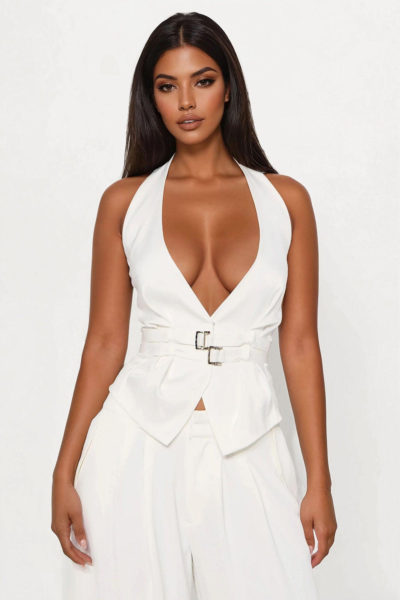 Nikki Satin Belted Halter Vest Top - Ivory Product Image