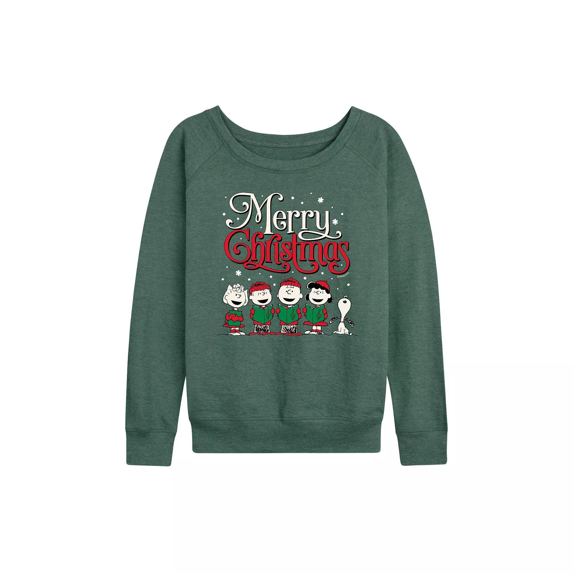 Womens Peanuts Merry Christmas Carols French Terry Long Sleeve Tee Grey Green Product Image
