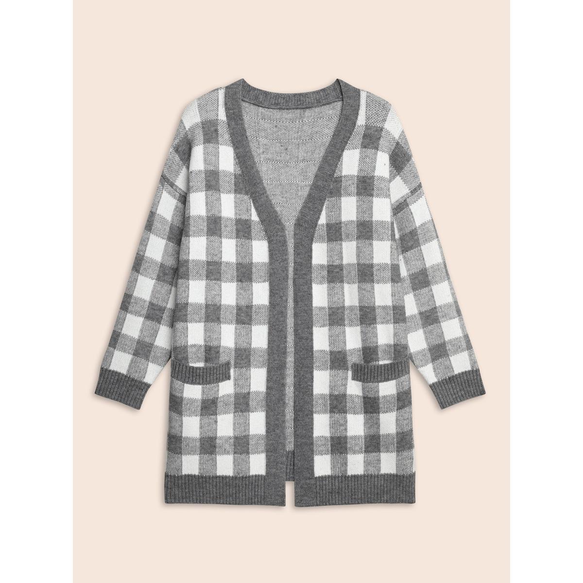 Plus Size Supersoft Essentials Plaid Drop Shoulder Cardigan DimGray Women Casual Loose Long Sleeve Everyday Cardigans BloomChic 28/5X Product Image
