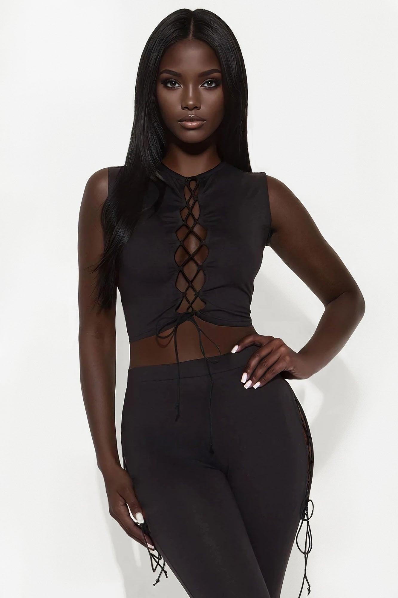Emani Sleeveless Lace Up Flare Leg Pant Set - Black Product Image